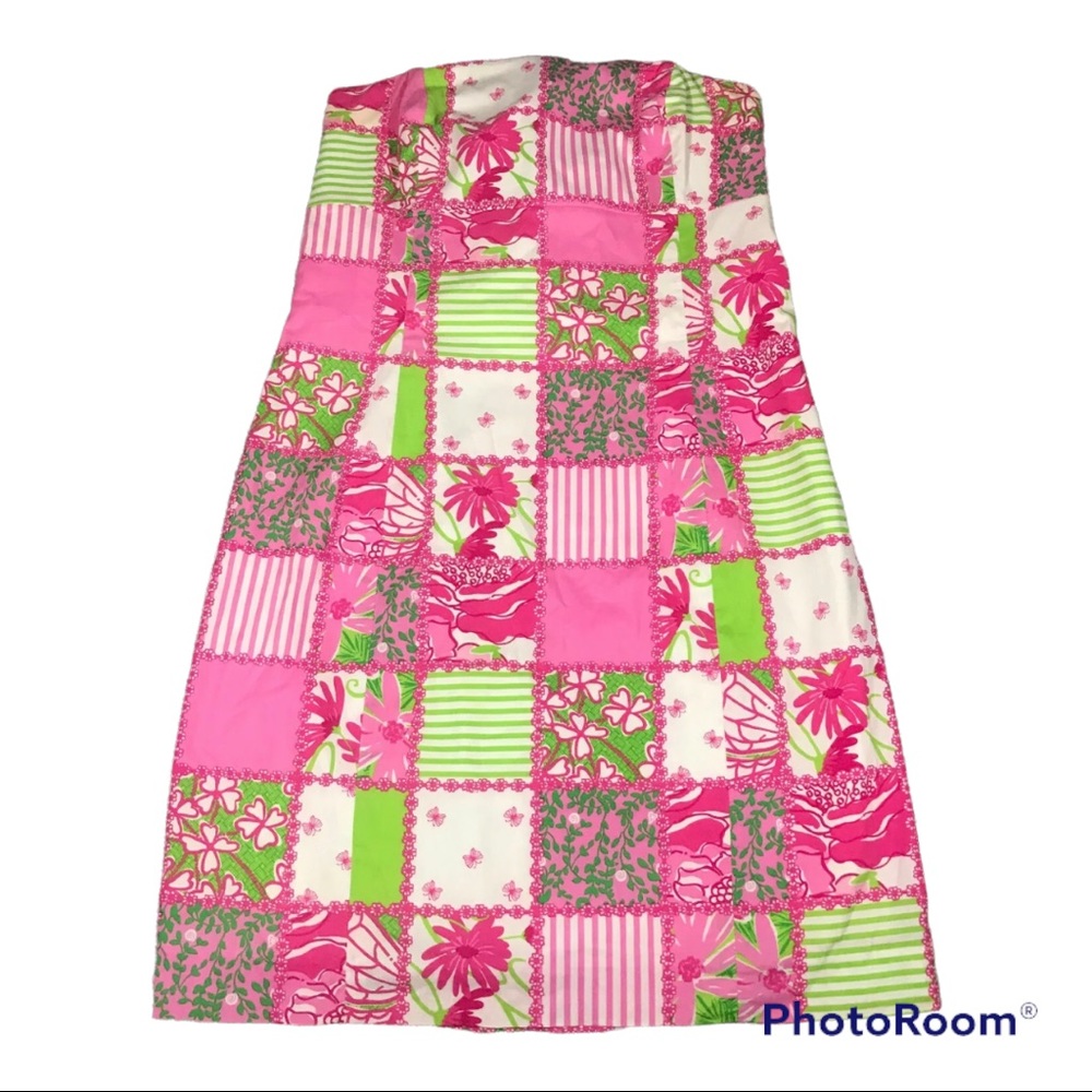 Lilly Pulitzer Dress Womens 2 Pink Green Patch Floral Strapless Preppy Ladies